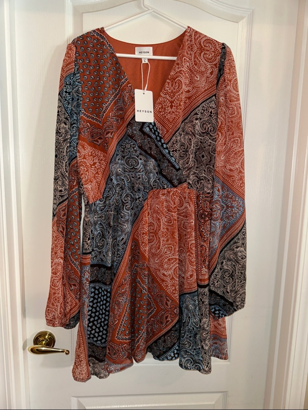 Heyson Orange (Rust) & Blue Paisley Patchwork Mini Dress